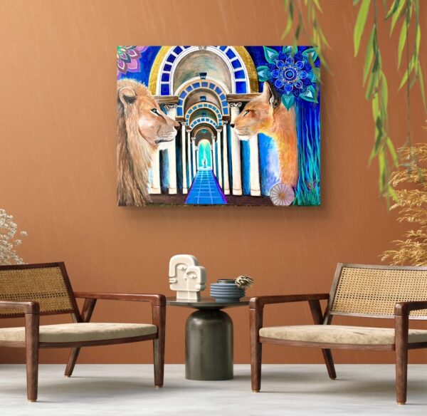 Lion painting on brown wall with plants