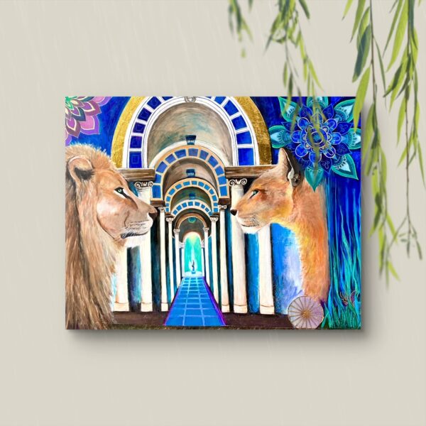 Lions on a bright wall with plants by Monira Art