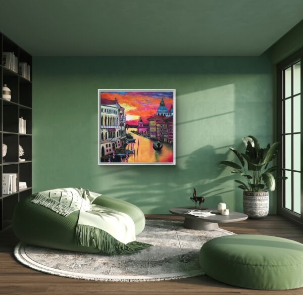 Venedig Gemälde an grüner Wand im Wohnzimmer