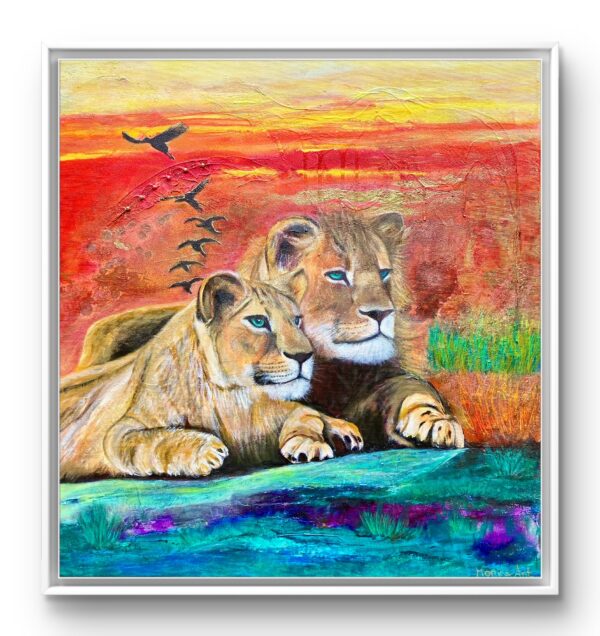 Ölgemälde zweier Löwen in der Savanna mit Sonnenuntergang