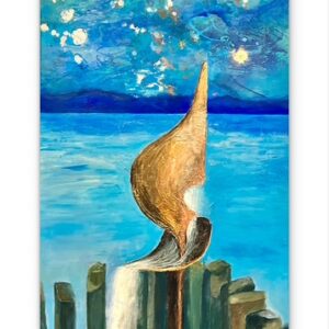 Blaues abstraktes Gemälde mit Metall Brunnen aus Immenstaad am Bodensee von Monira Art