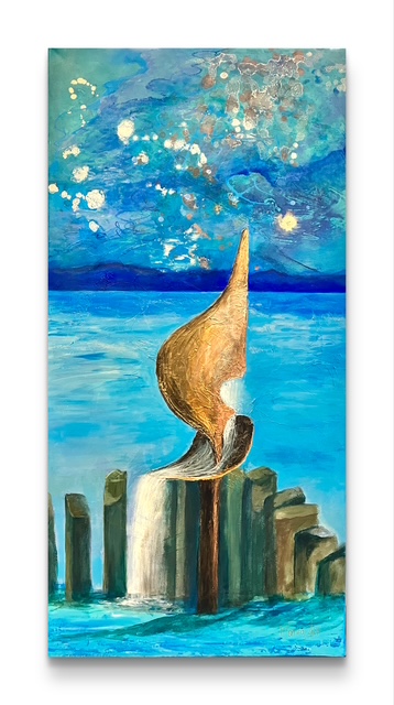 Blaues abstraktes Gemälde mit Metall Brunnen aus Immenstaad am Bodensee von Monira Art