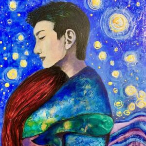 Loving couple in intimate embrace painted in Van Gogh style