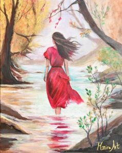 Gemälde von Frau in roten Kleid im Bach im Wald von Monira Art