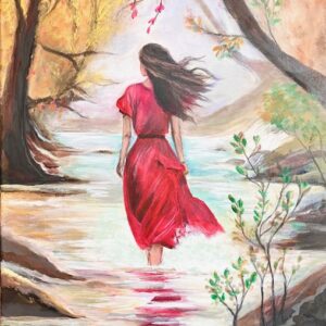 Gemälde von Frau in roten Kleid im Bach im Wald von Monira Art