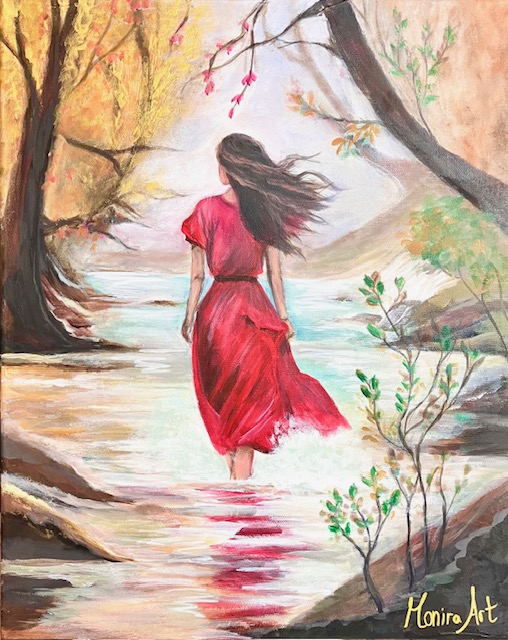 Gemälde von Frau in roten Kleid im Bach im Wald von Monira Art
