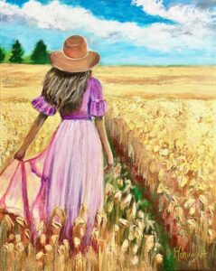Frau steht ein einem Weizenfeld in warmer Sonne und schaut in die Ferne. Gemälde von Monira Art