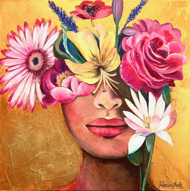 Gemälde Beautiful Thoughts von Frau mit Blüten von Monira Art