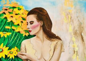 Gemälde von einer Frau mit Blüten und abstrakten Hintergrund von Monira Art