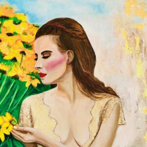 Gemälde von einer Frau mit Blüten und abstrakten Hintergrund von Monira Art