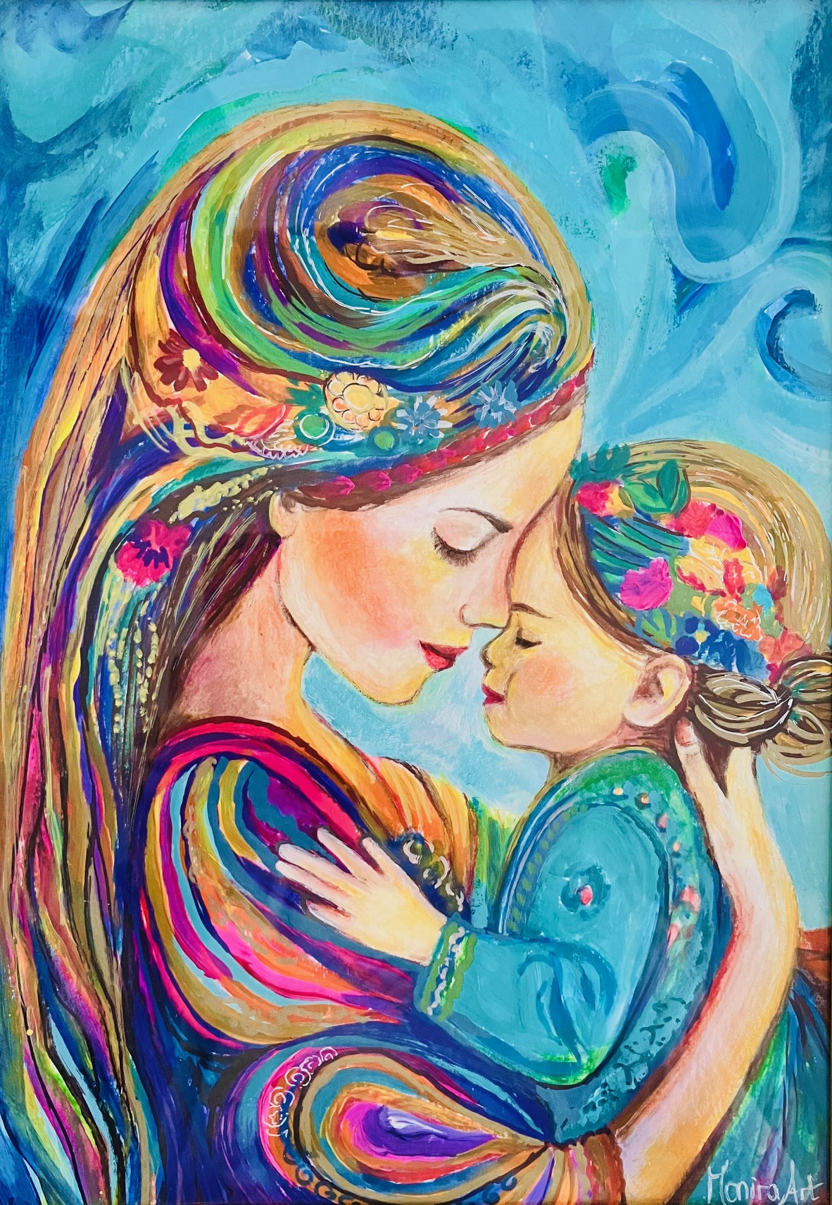 Gemaltes Bild von Mutter und Kleinkind in Liebe verbunden, Gemälde von Monira Art