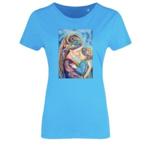 Baby blue T-Shirt with Mother love Painting print by Monira Art