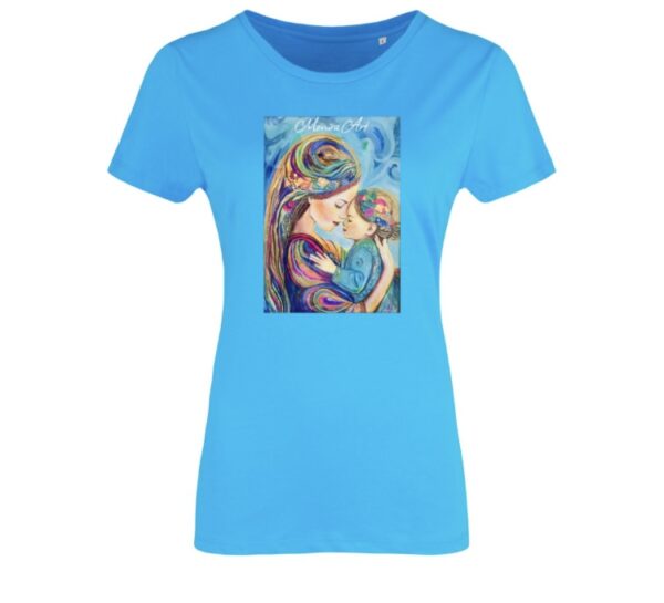 Baby blue T-Shirt with Mother love Painting print by Monira Art
