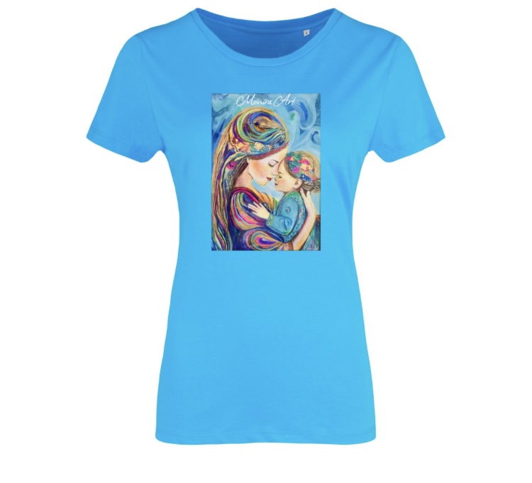 Baby blue T-Shirt with Mother love Painting print by Monira Art