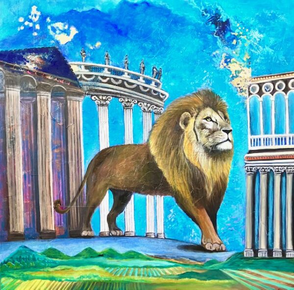 Lion painting with blue sky and Roman buildings