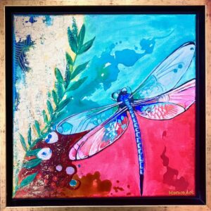 Oil painting of dragon fly with golden frame