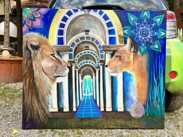 Painting of two lions standing in front of a car