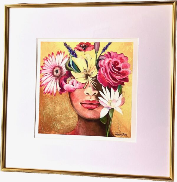 Oil painting of woman with flowers in golden frame