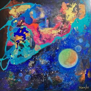 Blaues Universumsbild mit Pink und Rost von Monira Art