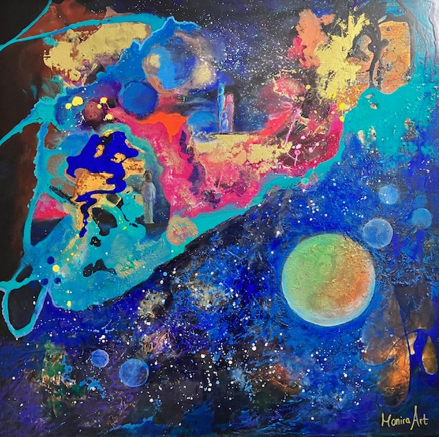Blaues Universumsbild mit Pink und Rost von Monira Art