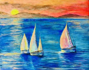 Bodensee Love Painting zeigt drei Segelboote mit Sonnenuntergang