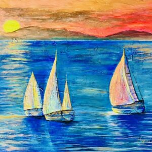 Bodensee Love Painting zeigt drei Segelboote mit Sonnenuntergang