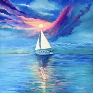 Einsames Segelboot auf dem Bodensee mit Bergen im Hintergrund und schönen Sonnenuntergang