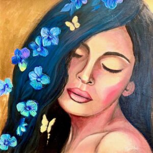 Oil painting of a dark-haired woman with flowers and butterflies
