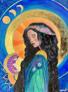 Frau mit Heiligenschein auf Holz gemalt in blau und gold