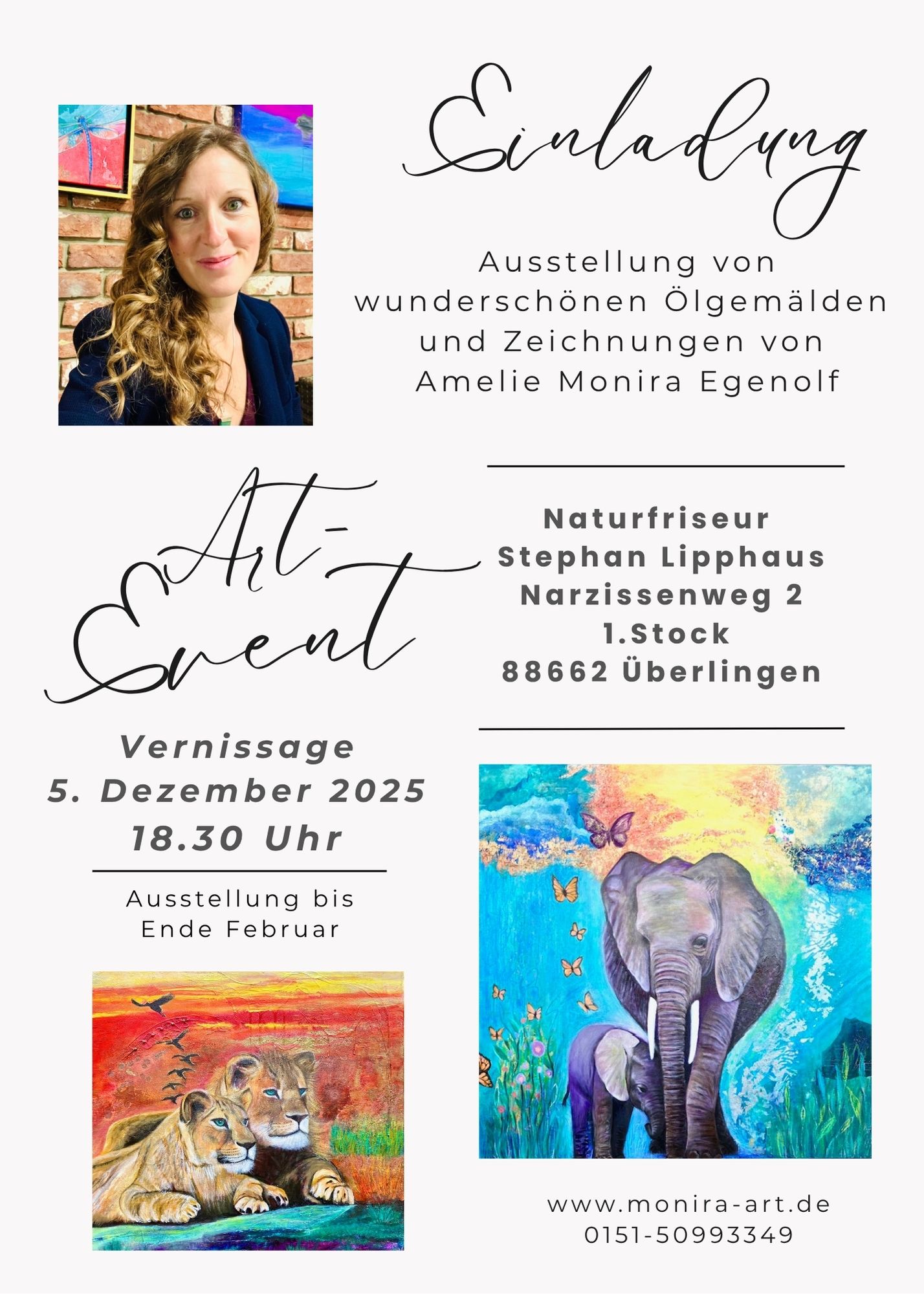 Einladung zur Kunstausstellung von Amelie Monira Egenolf am 5. Dezember 2025