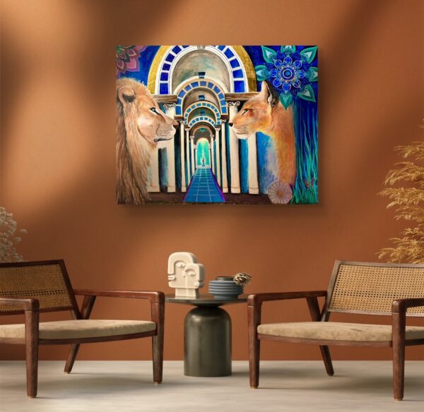 Lion painting on brown wall in living room with shadow